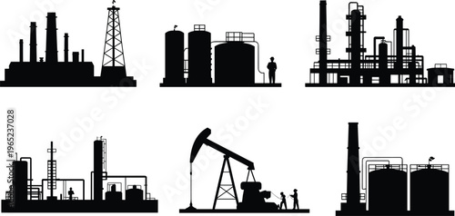 Oil refinery and drilling equipment silhouette set with pump jack, storage tanks and industrial plants, energy production icons isolated on white background