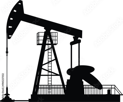 Oil pump jack silhouette industrial extraction equipment, petroleum industry drilling rig illustration isolated on white background, energy production concept design