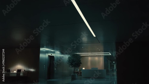 Modern minimalist office lobby with sleek reception desk, potted green plant and elevator framed by cool cinematic lighting and polished metallic finishes, empty and elegant