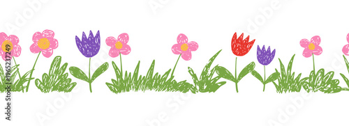 Childlike kids drawing floral border with grass, flowers chalk or crayon scribble texture. Spring summer plants, meadow seamless ornament