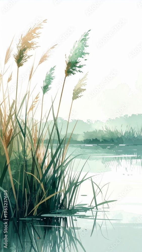 Obraz premium Watercolor Painting of Grasses and Reeds at the Edge of Calm Water