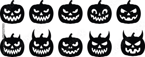 Set of scary Halloween pumpkin faces silhouettes, spooky jack o lantern expressions collection, creepy cartoon icons for holiday decoration, horror design elements
