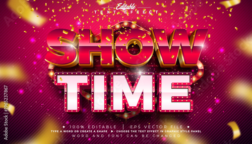 Show Time Text Effect Design Editable Vector Graphic Style Effect with Light Bulb Frame Billboard and 3d Typography Lettering on Falling Gold Confetti Background. Premium Luxury Casino, Night Club