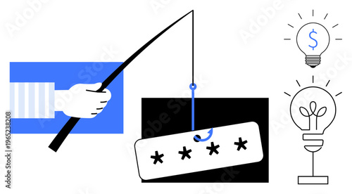 Cybersecurity, online fraud, phishing prevention, password safety, innovation, finance. A fishing hook targeting a password and two lightbulbs ideas. Cybersecurity and online fraud explored