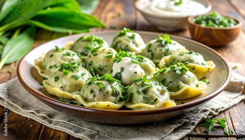 A plate of dumplings with herbs and sauce