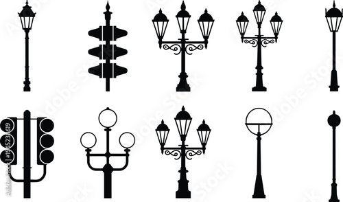 Street lamp and traffic signal silhouette collection, vintage and modern city lighting icons isolated on white background for urban design, signage and infrastructure