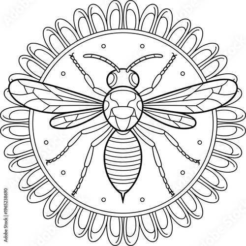 Black and white line of a wasp centered in a circular floral frame
