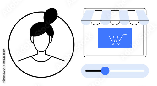 User profile, online shopping, e-commerce platforms, digital stores, customer interface, retail technology. Minimalist profile, storefront cart icon slider control. E-commerce and user profile