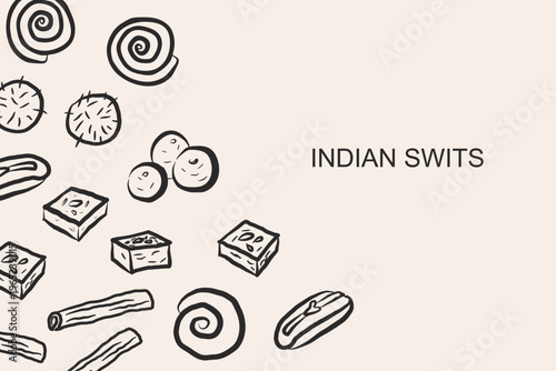 Indian sweets banner for text. Border with desserts, ladoo, jalebi, barfi, gulab jamun. Hindustani cuisine. Design for menu, celebration, Diwali cards, packaging, food blogs