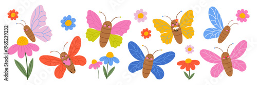 Cute butterfly characters clipart set with flowers. Hand drawn kawaii vector illustration with smiling insects for kids nursery decor, baby shower, stickers and spring summer design