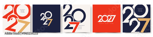 2027 Happy New Year typography set, creative number design collection with red and gold accents, modern holiday calendar covers and posters vector illustration