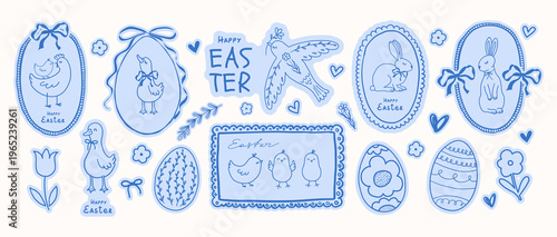 Cute Easter sticker set with bunnies, chicks and eggs in coquette style. Hand drawn doodle illustration with blue whimsical lines for spring holiday decor, scrapbooking and nursery print. Flat vector.