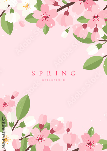 Spring banner, greeting card, cover, poster with Sakura cherry blossom branches. Floral art template for Japanese themed, Hanami, wedding, Mothers Day, birthday, Easter
