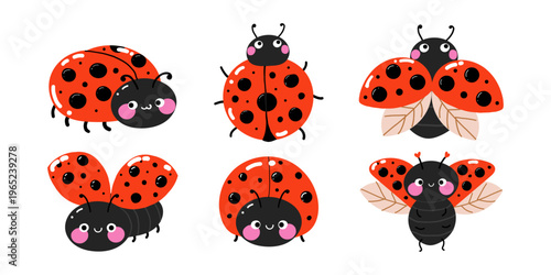 Cute ladybug characters clipart set. Hand drawn vector illustration of red ladybird with black spots and smiling faces isolated on white background for kids nursery decor, stickers and baby shower
