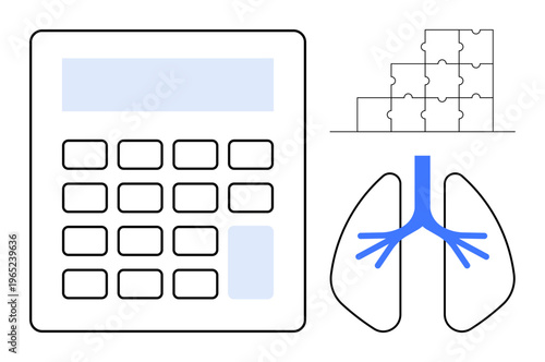 Calculator concept. Calculator s data analysis and problem-solving. A puzzle and lungs diagram patterns, health, and diagnostics. For healthcare, analysis, patterns, problem-solving and research