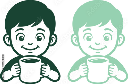 Smiling boy holding a hot drink mug, cheerful child enjoying a beverage, happy kid with coffee or cocoa, vector illustration for cafe branding and children's products