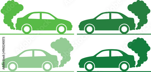 Green Car Exhaust Fumes Vector Icons, Environmental Pollution and Air Quality Concept. Automobile Emissions, Global Warming, and Climate Change Graphic Elements for Eco-Friendly Design