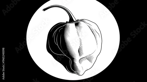 Monochrome drawing of a habanero pepper, intricate line work, white circle background