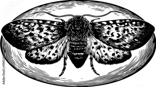 Black and white moth illustration in oval frame, detailed texture and patterns