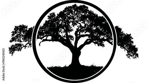 Tree silhouette surrounded by a circle. Two other trees frame each side of the circle