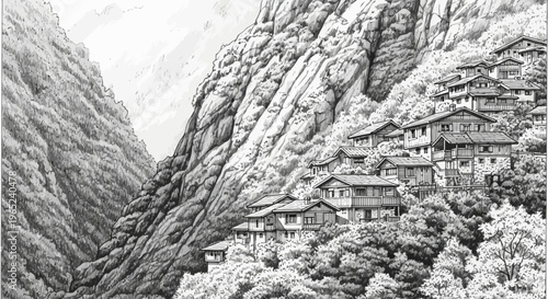 Hand-drawn illustration of mountain village with wooden houses nestled on hillside.