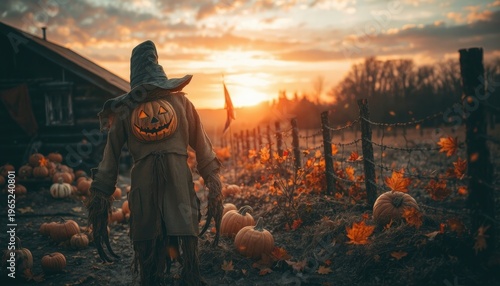 Spooky scarecrow guardian of a pumpkin patch at sunset, perfect for autumnal and holiday promotions.