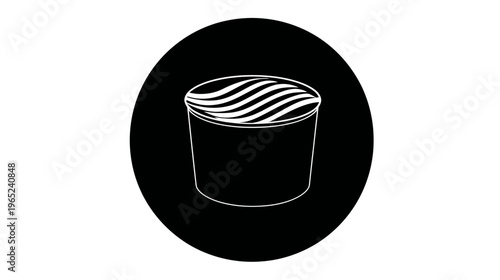 Black circle with white line art of a short, cylindrical cup and wavy topping