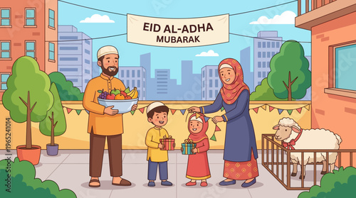 Muslim Family Sharing Eid Al Adha Celebration At Home.