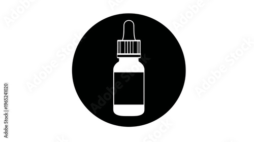 A graphic white dropper bottle silhouette set against a black circle backdrop