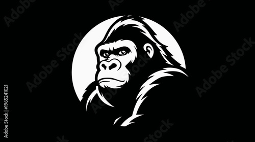 Bold graphic of a gorilla's head, created with contrasting black and white. Features intense gaze
