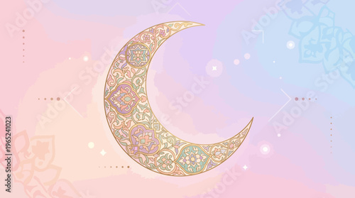 Ornate Crescent Moon Filigree Ornament In Gold.