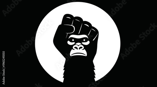 Black and white illustration featuring a gorilla face integrated within a raised fist, set against a white circle