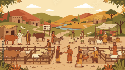 People at lively village market gathering.