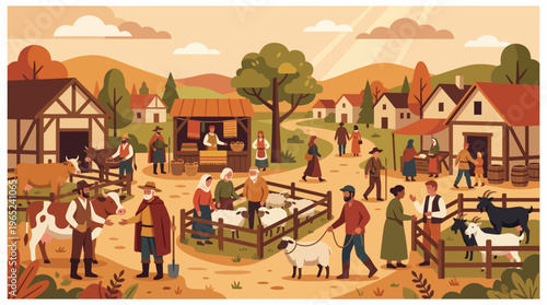 Village Market Scene With People And Stalls.