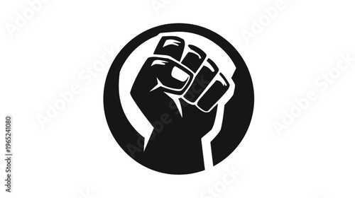 A raised fist, symbol of unity and solidarity, encircled within a bold black ring on a white background