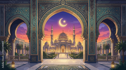 Ornate Archway Framing A Sunset Mosque Courtyard.