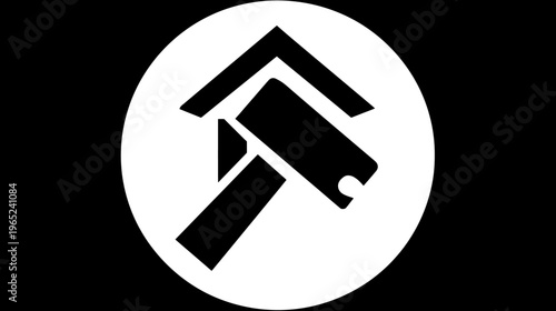 Black & white logo; stylized hammer & structure inside a circle on black ground