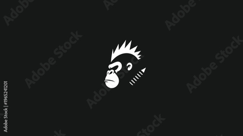 Stylized white ape head with a mohawk against a black background. Simple, bold design