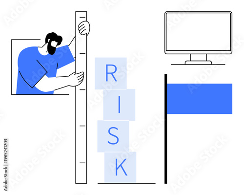 Risk assessment, business analysis, decision-making, problem-solving, strategic planning, monitoring. A person measures blocks labeled risk, a flag and a computer. Risk assessment and business