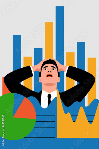Data Overload Concept with Person Drowning in Charts Flat Vector Illustration