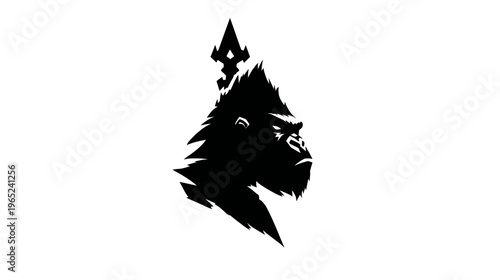 A striking black gorilla profile, with regal headwear, set against a pristine white background