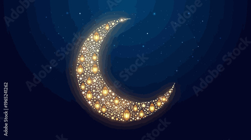 Glowing crescent moon formed by sparkling stars.