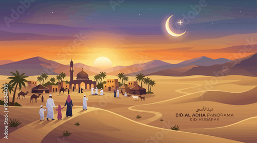 Group of People in Desert Camp Scene at Sunset.