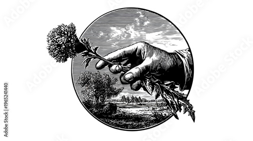 Hand holding a dandelion against landscape, in a circular design with stippled shading