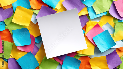 A white blank sticky note on a colorful background of notes