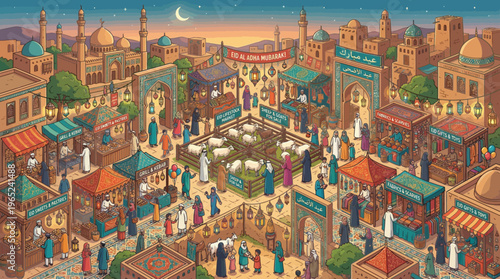 Crowd in a colorful market bazaar.