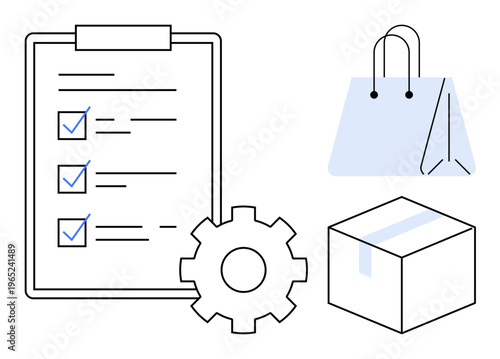 Logistics, e-commerce, order management, supply chain, online shopping, delivery process. A checklist, gear shopping bag and box are displayed. Logistics and e-commerce