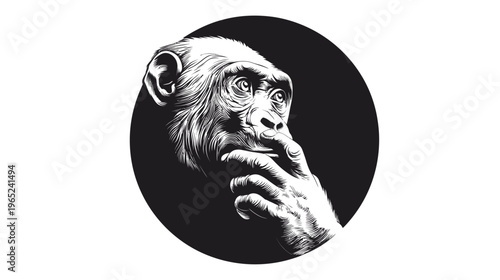 A thoughtful chimpanzee with a contemplative expression, shown within a black circular frame