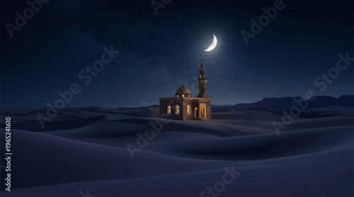 Desert shrine with crescent moon at night.