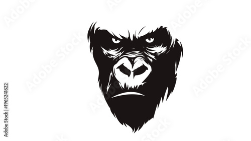 A striking black and white portrait of a gorilla's face, displaying intense and serious expression
